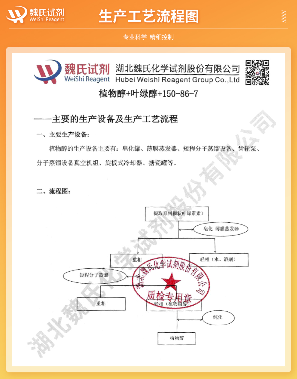 植物醇 98%；叶绿醇生产工艺流程图