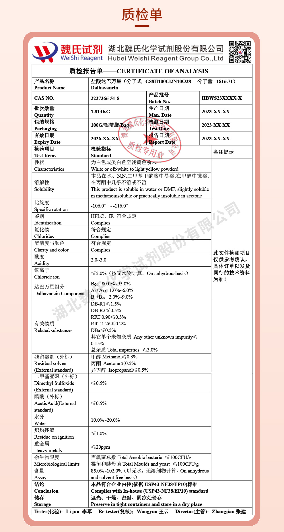 盐酸达巴万星；道古霉素质检单