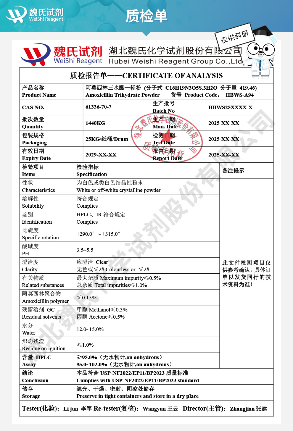 阿莫西林；阿莫西林三水酸—轻粉质检单