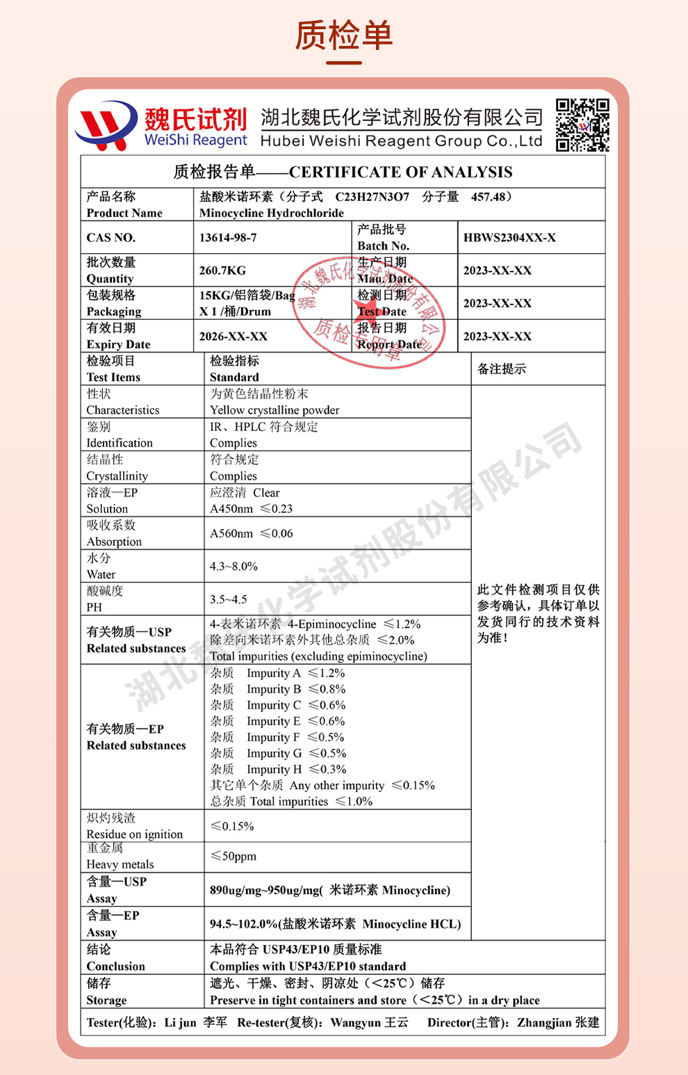 盐酸米诺环素；二甲胺四环素盐酸盐；美满霉素质检单