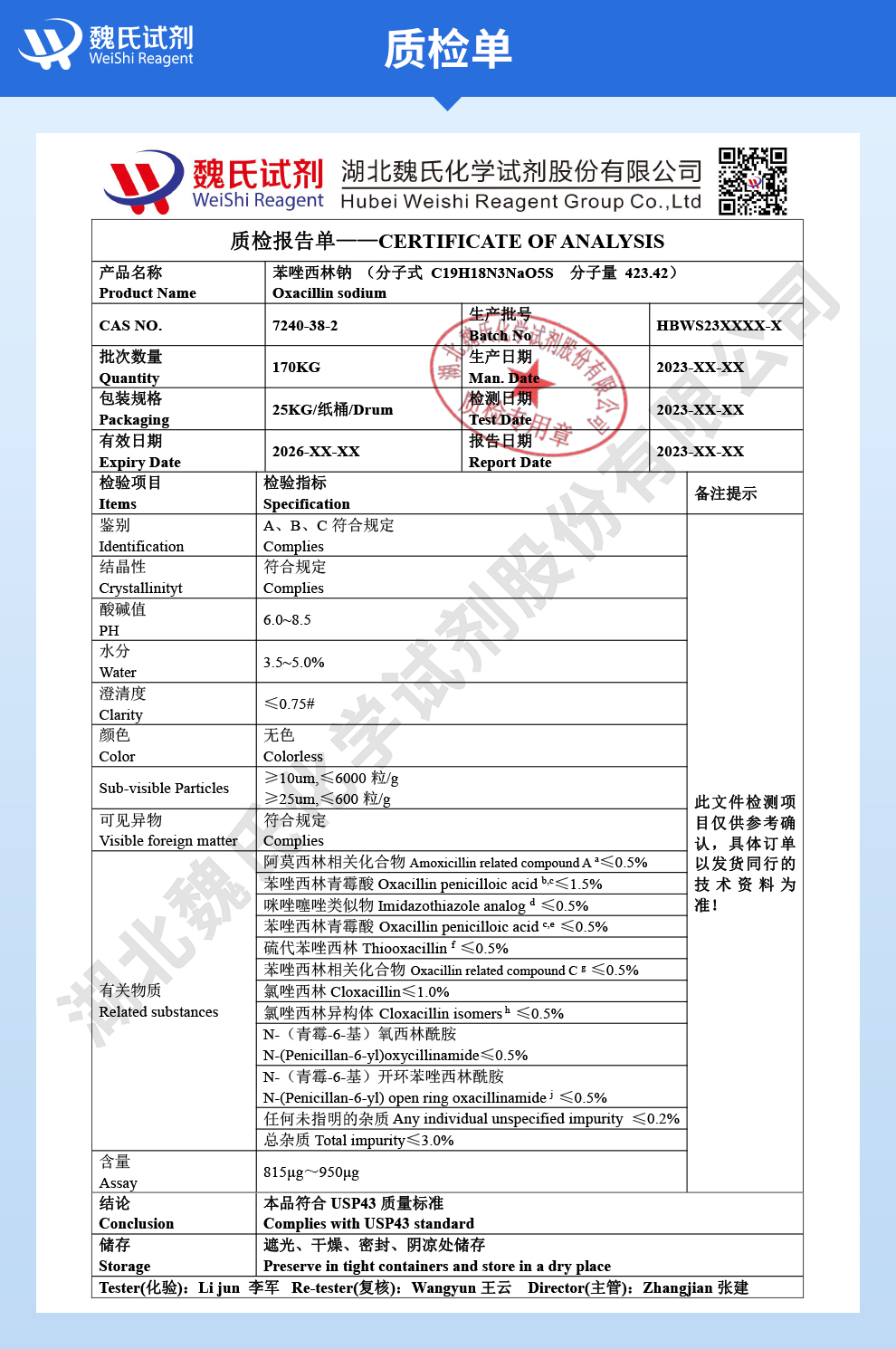 苯唑西林钠；苯唑青霉素钠(水合物)—无菌粉质检单