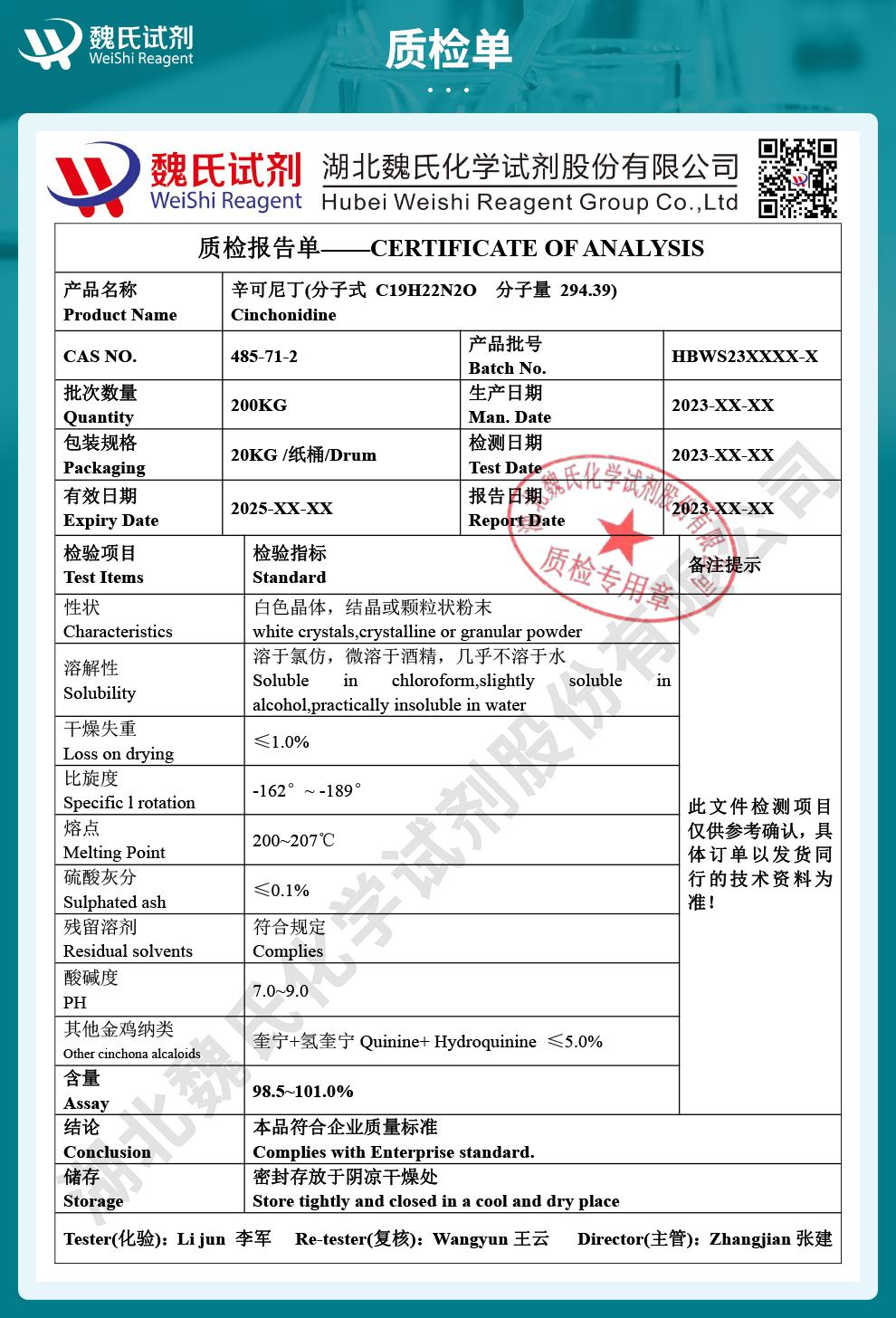 辛可尼丁质检单